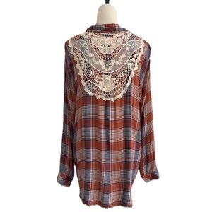 Linda Anderson Shirt Womens XXL Orange & Blue Plaid Crochet Detail Boho Western